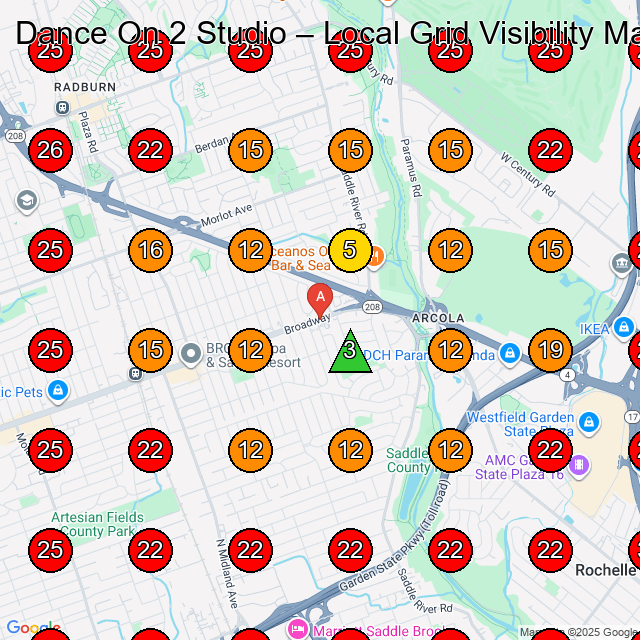 Dance On 2 Studio GeoGrid visibility map for Salsa Classes in 343 Main St